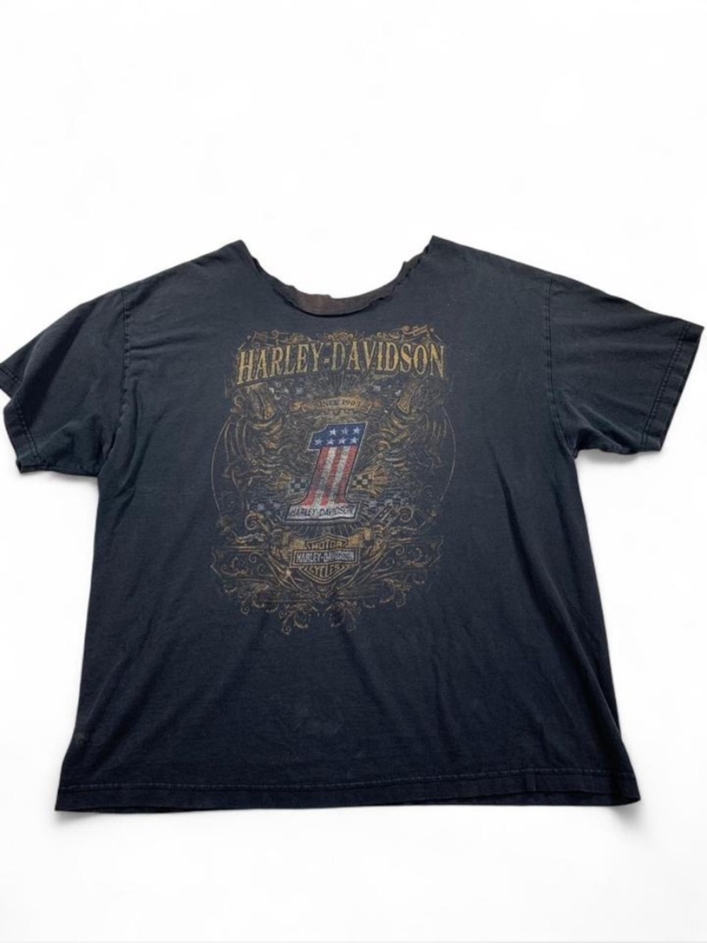 Harley-Davidson Black and Orange Round Rock TX Logo Tee Thrashed Motorcycle SZ L